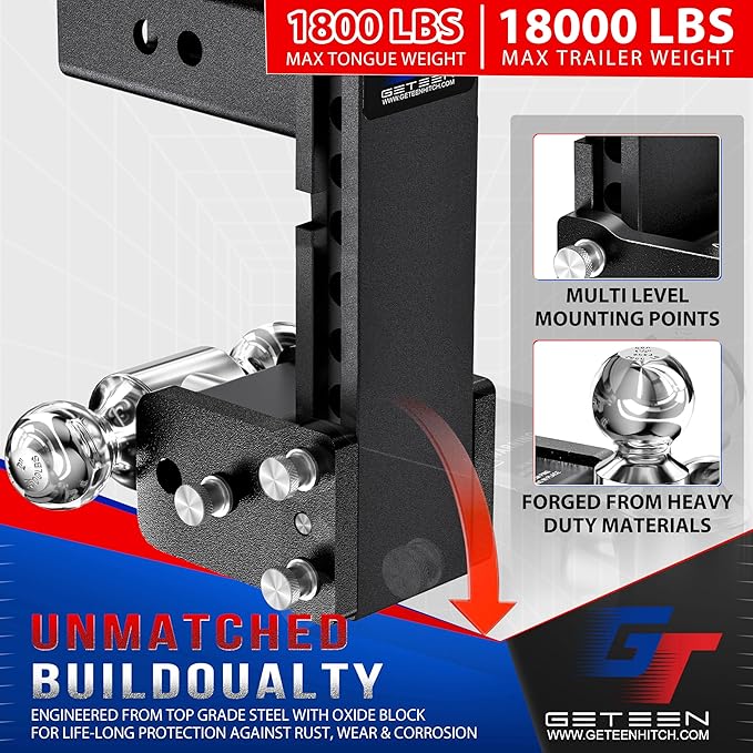 Geteen Trailer Hitches, Adjustable Trailer Hitch Ball Mount - Fits 2.5" Receiver, Dual Ball (2" x 2-5/16"), 5" Drop, 15,000 GTW - GT25052B