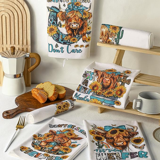 TecUnite 6 Pcs Highland Cow Kitchen Towels Set Funny Highland Cattle Tea Towels Absorbent Sunflower Dish Towels Western Farm Cattle Hand Towel for Cleaning Drying Women Mom Housewarming Gifts Decor