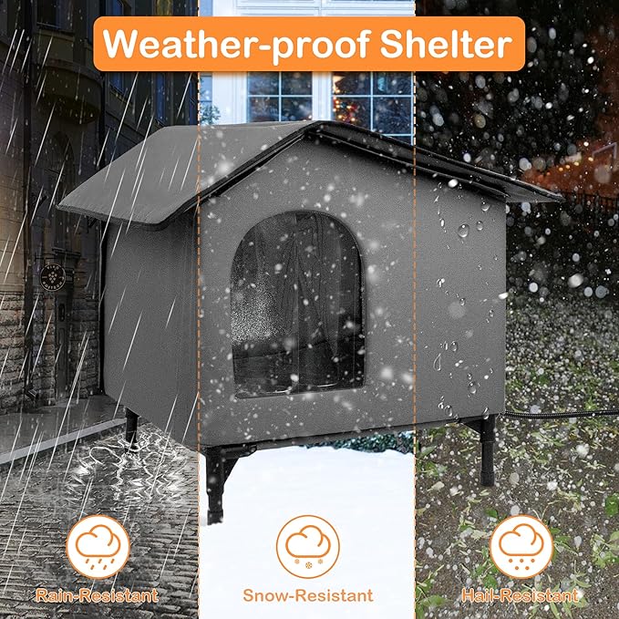 Heated Cat House for Outside/Indoor Cats in Winter,Elevated Outdoor Cat House with Heating Pad Bed,Weatherproof Feral Cats Shelter with Soft Mat (Heat Gray)