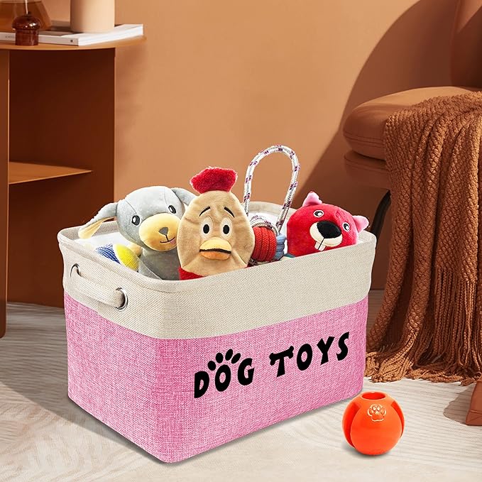 PET ARTIST Dog Toy Basket, Collapsible Dog Toy Bin Box with Comfortable Handles, Large Pet Toy Storage Organizer for Accessories, Toys, Coat & Clothing, Blanket & Leash, Pink, 15"x11"x9"