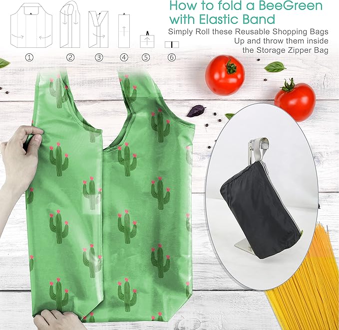 BeeGreen Geometry Reusable Grocery Bags Bulk 6 Packs X-Large, Reusable Shopping Bags Foldable for Groceries, Vegetables, Fruits Watertight Bulk Tote Bags (Cactus Rainbow Polka Dot Red Rose