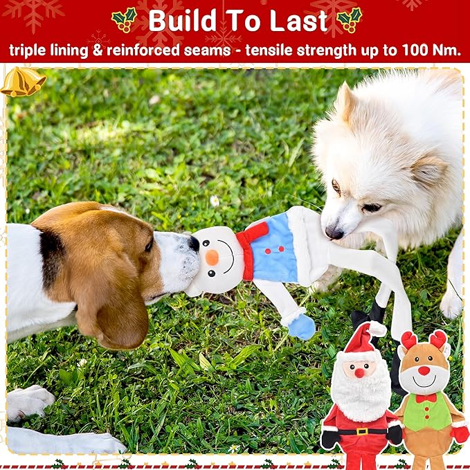 3-Pack Christmas Dog Toys, Tough Dog Squeaky Toys Plush Dog Chew Toys Bundle, Interactive Xmas Dog Toys for Puppy Small Medium Large Dogs