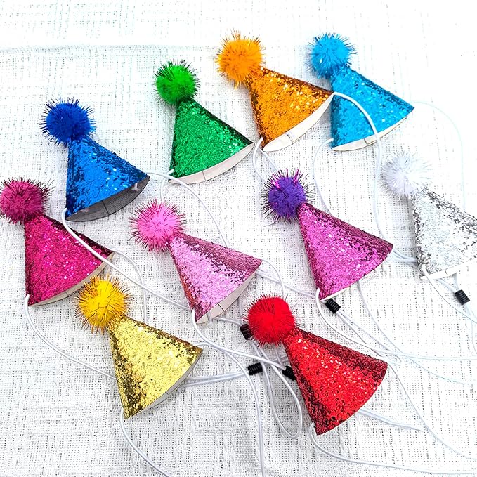 10Pcs Dog Cat Birthday Hat Mini Party Birthday Hats for Stuffed Animals Set Cute Small Party Hats with Glitter Adjustable Pastel Pet Grooming Costume Accessories Mini Stuff for Small Dogs Cats