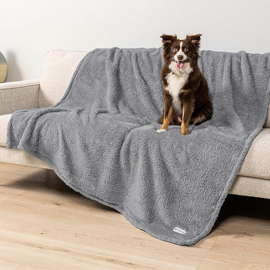 PetAmi Fluffy Waterproof Dog Blanket for Bed Large Dogs, Soft Warm Pet Sherpa Throw Pee Proof Couch Cover, Reversible Cat Blanket Sofa Crate Kennel Protector, Washable Mat (Light Grey, 60x80)