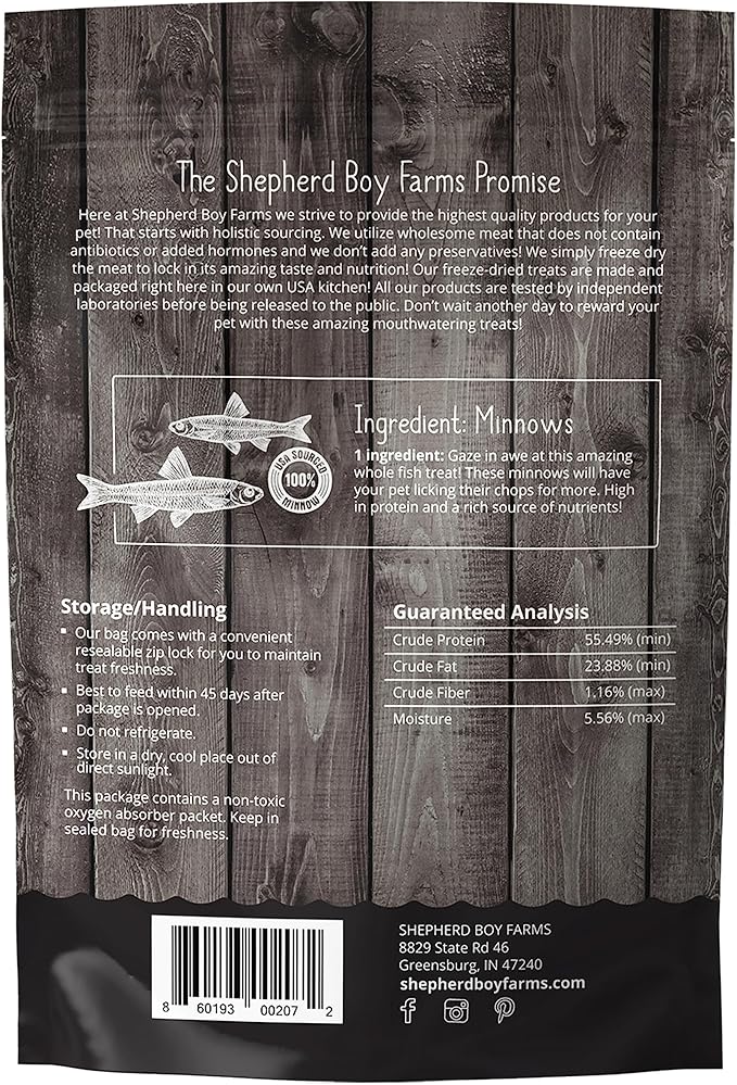 Shepherd Boy Farms Freeze Dried Dog and Cat Treats, Minnows, All Natural Single Ingredient Freeze-Dried Dog Treat & Snacks, Made in USA, High in Protein, Essential Nutrition of Raw Food, 2oz