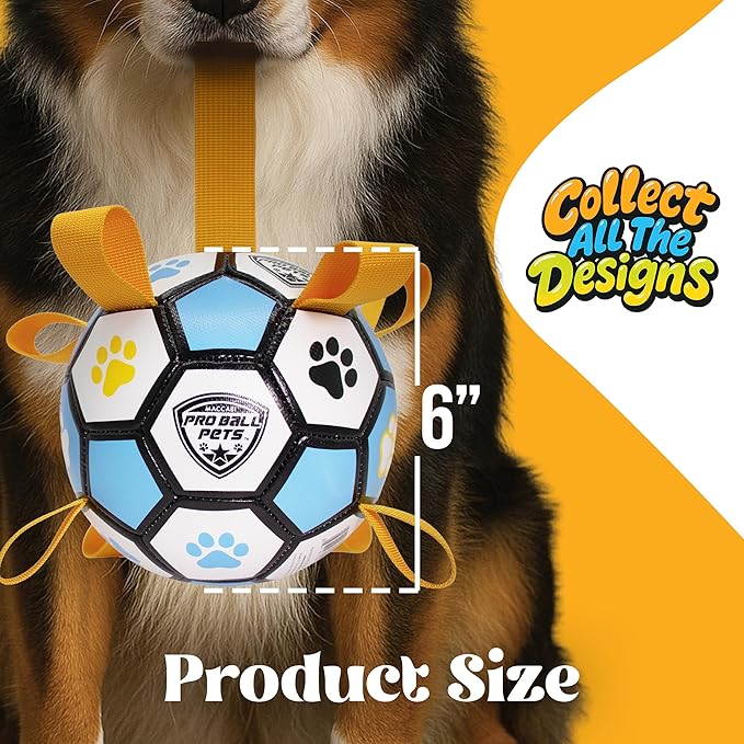 ProBall Pets Interactive Dog Soccer Ball with Grab Tabs - Floats on Water, Fetch & Training Toy for Small Medium Dogs, Herding Breeds - Waterproof Non-Toxic - 6" Blue Yellow
