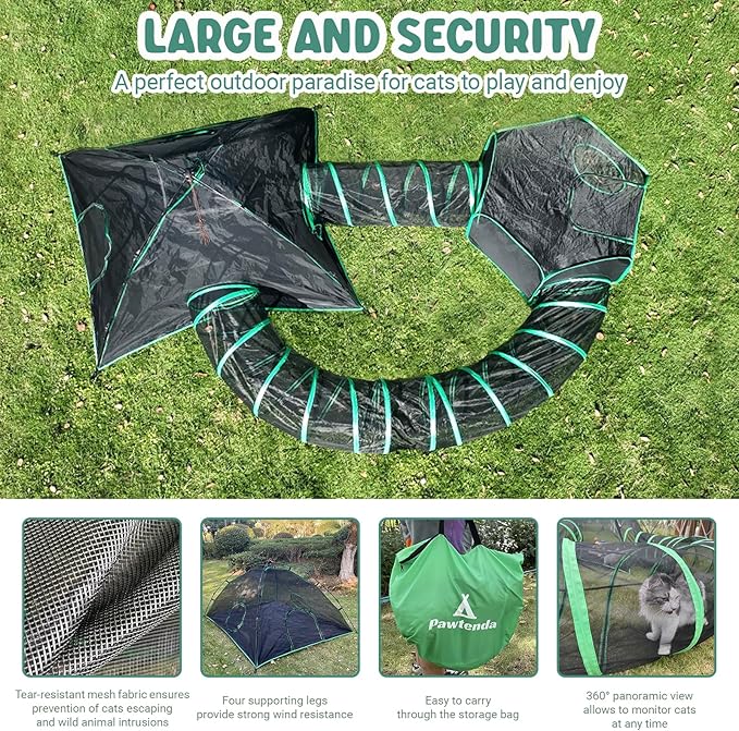 Cat Tents for Outside, Green Outdoor Cat Enclosures, Foldable Pet Playpen with Tunnels for Outside, Portable 4-in-1 Catio Including 2 Tents and 2 Tunnels