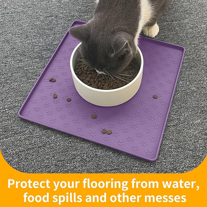 Ptlom Dog Food Mat Anti-Slip Bowl Mats for Food and Water, Waterproof Silicone Pet Placemat with High Raised Edges, Non-Slip Puppy Feeding Tray for Small, Medium Large Cats Dogs, Purple, 11.8"x11.8"