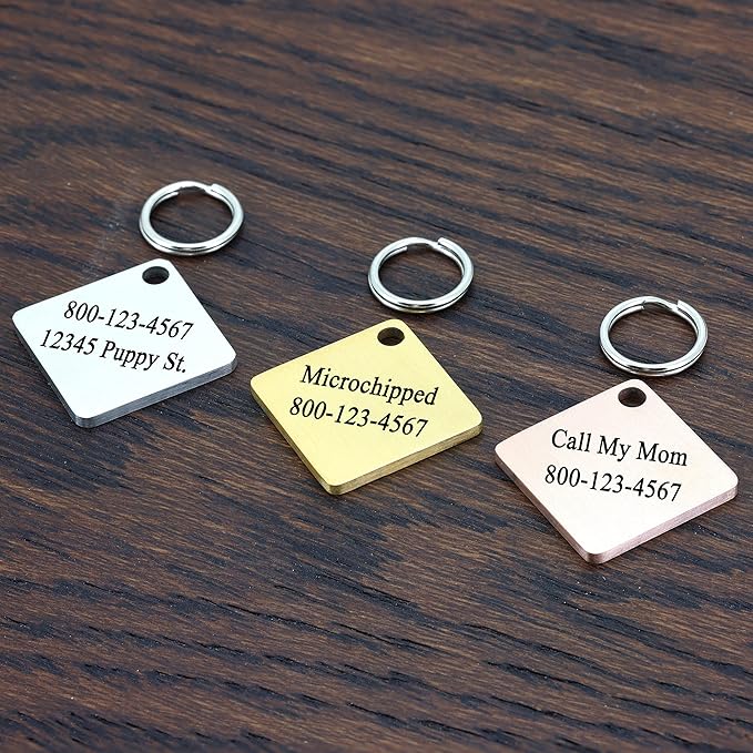 Ultra Joys Cat ID Tag Personalized Pet Tags, Durable Stainless Steel Small Pet Mini Dog Cat Tag Lightweight -Diamond Tag in Gold