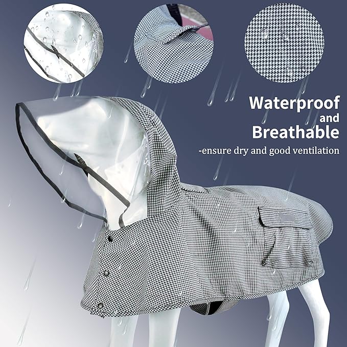 Waterproof Dog Raincoat, Adjustable Reflective Lightweight Pet Rain Clothes with Poncho Hood(Medium,Black&White)