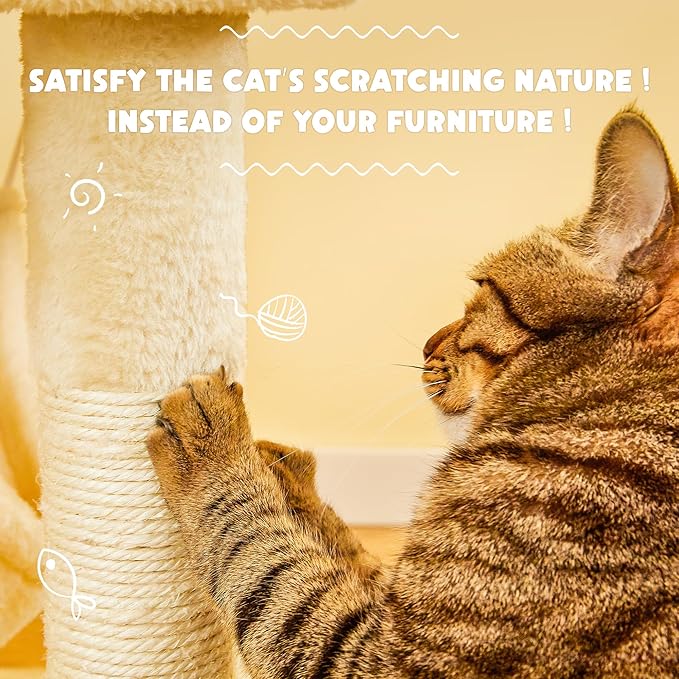 Cat Tree for Indoor Cats - 63in Multi-Level Large Cat Tower with 2 Big Cat Condos, 2 Padded Perches, Hammock, 6 Sisal-Covered Scratching Post and Toys for Kittens Pet Play House, Beige