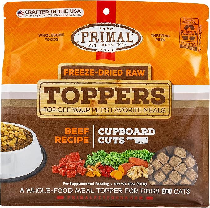 Primal Dog Food Toppers & Cat Food Toppers, Cupboard Cuts, Grain Free Meal Mixers with Probiotics, Raw Freeze Dried Dog Treats & Cat Treats, Great for Training (Beef, 18 oz)