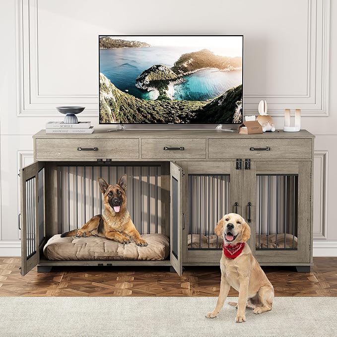 71'' Dog Crate Furniture, XXL Indoor Dog Kennel TV Stand End Table with Double Doors, 3 Drawers and Removable Room Divider, Wooden Double Dog Crate for 2 Dogs for Large Medium Dogs, Grey