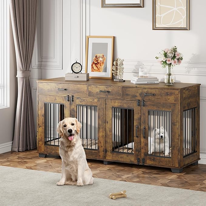 Dog Crate Furniture for 2 Dogs, 71'' XXL Indoor Dog Kennel with 3 Drawers and Removable Room Divider, Wooden Double Dog CrateTV Stand End Table with Double Doors for Large Medium Dogs, Brown