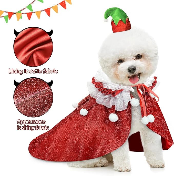 KOUPA Pet Christmas Costume with Hat, Dog Halloween Clothes Cosplay Wizard Cloak for Small Puppy Kitten Animal, Shiny Cat Outfit Suit for Party Holiday, Red