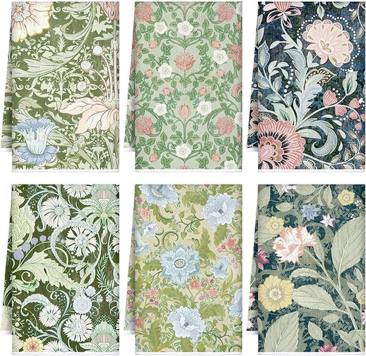 TecUnite 6 Pcs Vintage Floral Kitchen Towels Set Retro Flower Tea Towels Absorbent Dish Towels Decorative Colorful Hand Towel for Cleaning Drying Wiping Task Women Mom Housewarming Gifts Decor