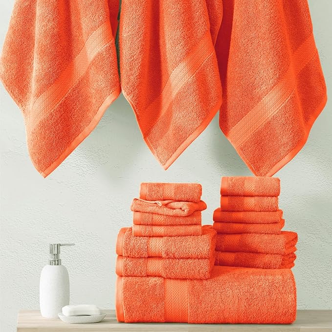 LANE LINEN 100% Cotton Luxury Bathroom Towel Set - 16 Pcs - Ring Spun, Quick Dry, Super Soft & Absorbent - 4 Bath, 8 Washcloths, 4 Hand Towels - Remains Fluffy After Multiple Washes - Living Coral
