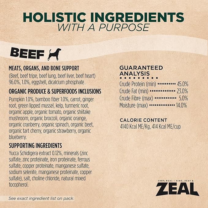 ZEAL Canada Air-Dried Beef Recipe for Dogs - High Protein, Natural Superfoods, Nutrient Rich, No Fillers, Grain Free, Complete & Balanced (Beef, 5 oz)