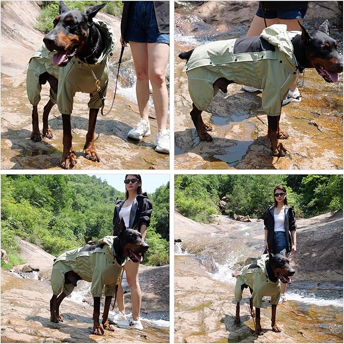 LOVELONGLONG Waterproof Dog Raincoat with Removable Hood – Outdoor Full Body Dog Jacket, Windproof Snowproof Shell Suit – All Season Pet Rain Gear Sage Green 4XL