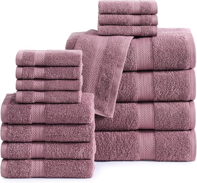 LANE LINEN 100% Mercerized Cotton Luxury Bathroom Towel Set - 16 Pcs - Super Soft, Fluffy & Highly Absorbent - 4 Bath Towels, 8 Washcloths, 4 Hand Towels - Pre Shrunk, Pet Friendly - Wishful Mauve