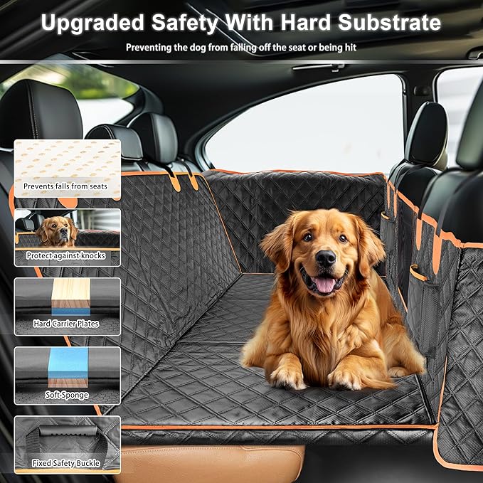 Dog Car Seat Cover for Back Seat, Hard Bottom Car Seat Cover for Dogs with Door Protectors, Waterproof Back Seat Extender for Dogs, Scratch-Resistant, Suitable for Cars