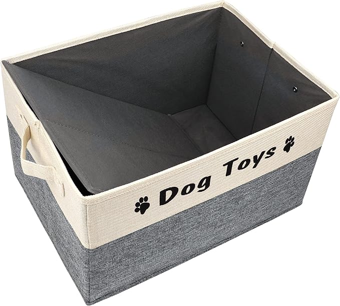 PET ARTIST Dog Toy Basket, Foldable Dog Toy Bin Box for Living Roon Area, Collapsible Storage Basket with Comfortable Handles for Pet Coat, Accessories, Gray, 15"x11"x9"