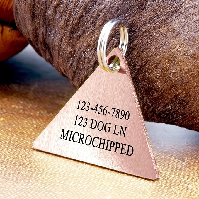 Ultra Joys Personalized Cat Collar Name Tag Small Pet ID Tags for Cats - Customized Mini Cute Dog Cat ID Tag - Bothside Engravable Lightweight Durable Stainless Steel - Triangle Tag in Rose Gold