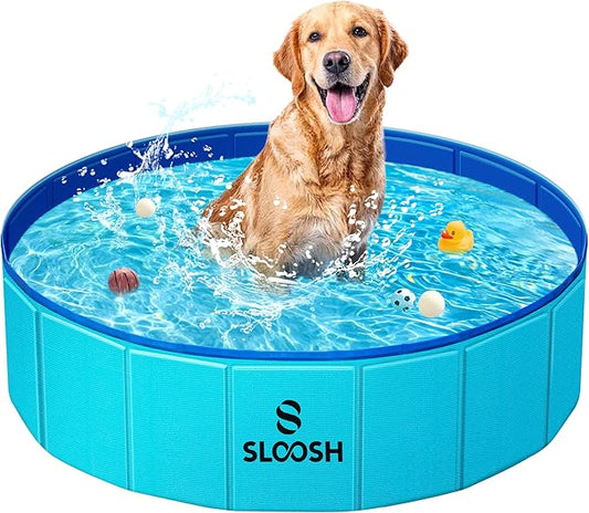Sloosh Foldable Dog Kiddie Pool - Portable Hard Plastic Doggie Swimming Pool, Anti-Slip Collapsible Pets Bath Tub Suitable for Kids Toddler Indoor Outdoor Backyard Use (Blue, 32" x 8")