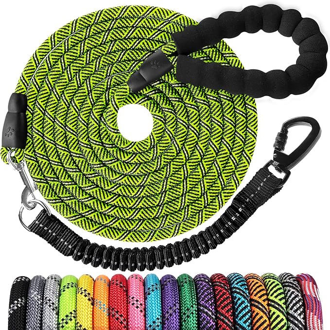 Long Dog Leash 20 FT: Heavy Duty Rope Leashes for Dogs Training with Swivel Lockable Hook Reflective Threads Bungee and Padded Handle - Dog Lead for Large Small Medium Dogs Outside Walking Hiking