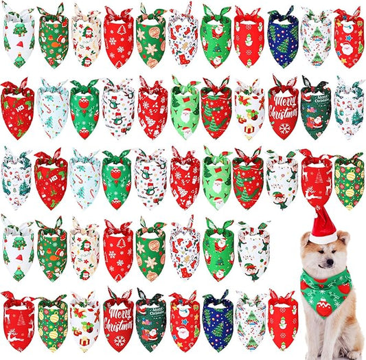 Abbylike 50 Pcs Christmas Dog Bandanas Bulk Xmas Bandanas for Dogs Triangle Kerchief Bibs Scarf Set for Pet Xmas Costume Photo Props Accessories Pet Shops Grooming, 25 Styles (31.5 x 21.7 x 21.7)