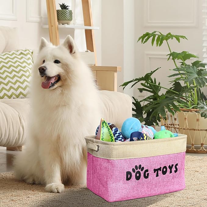 PET ARTIST Dog Toy Basket, Collapsible Dog Toy Bin Box with Comfortable Handles, Large Pet Toy Storage Organizer for Accessories, Toys, Coat & Clothing, Blanket & Leash, Pink, 15"x11"x9"