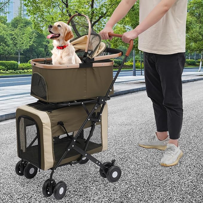 Double Pet Stroller for Small Medium Dogs & Cats, 3 In1 Detachable Pet Strollers with 2 Carriers and 360° Wheels, 77 Lbs Capacity Outdoor Cat Dog Carts Lightweight (Dark Green)