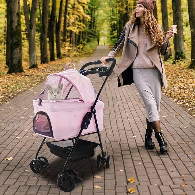 2 in 1 Pet Stroller, Detachable Dog Stroller, Portable Pet Cart w/ 4 Wheels, Cup Holder for Small Dog/Cat, Foldable Waterproof Jogging Travel Carrier Cart, Pink