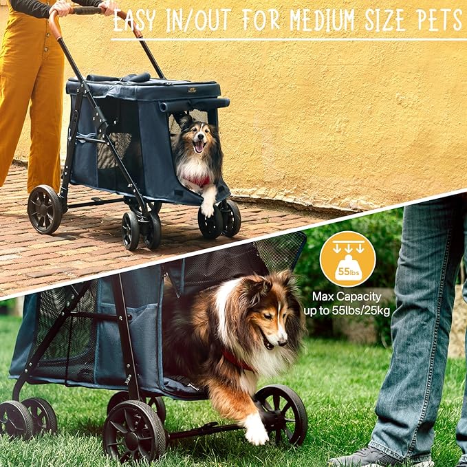 Scout 4 Wheels Pet Stroller for Small/Medium Dogs- One Button Fold, Adjustable Mesh Windows and Shades, 360° Swivel Front Wheels and Rear Wheel Brake, Navy Blue