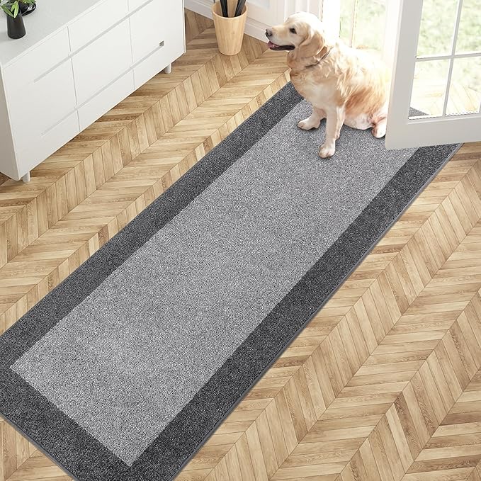 PURRUGS Dirt Trapping Door Mat 24" x 70", Non-Slip/Skid Machine Washable Entryway Rug, Shoes Scraper, Throw Rug, Super Absorbent Area Rug for Muddy Wet Shoes and Paws, Light Grey & Grey