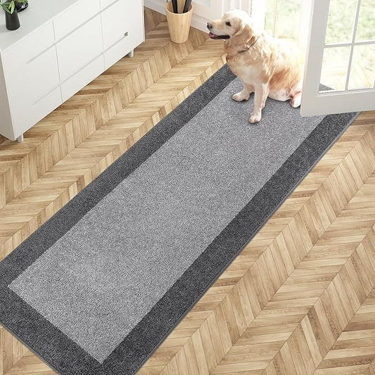 PURRUGS Dirt Trapping Door Mat 24" x 70", Non-Slip/Skid Machine Washable Entryway Rug, Shoes Scraper, Throw Rug, Super Absorbent Area Rug for Muddy Wet Shoes and Paws, Light Grey & Grey