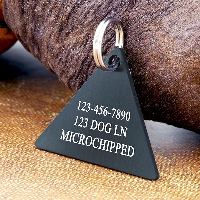 Ultra Joys Personalized Cat Collar Name Tag Small Pet ID Tags for Cats - Customized Mini Cute Dog Cat ID Tag - Bothside Engravable Lightweight Durable Stainless Steel - Triangle Tag in Black