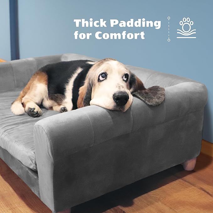 Critter Sitters 42-In. Elegant Gray Faux-Velvet Rectangular Large Dog Bed for Medium and Large Dogs, Durable Elevated Dog Beds, Comfortable Dog Couch, Modern and Stylish Plush Sofa for Dogs