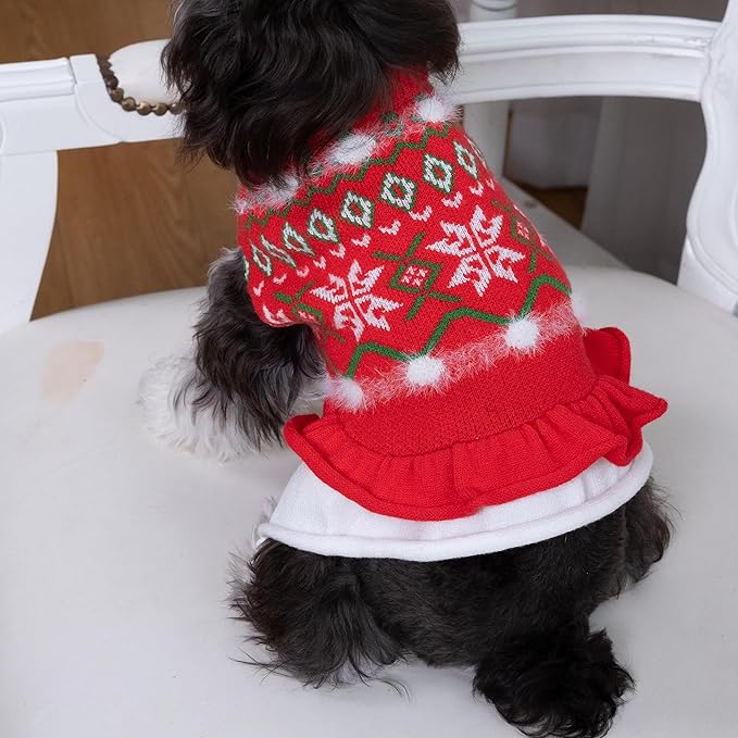 CuteBone Fancy Christmas Dog Sweater Dress, Soft and Stretchy Dog Clothes for Small Medium Dogs Girl, Christmas Snowflake Red Puppy Sweater Pullover Ruffle Dress Pet Outfit Cat Apparel