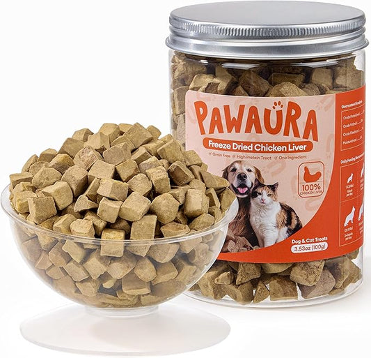Freeze-Dried Chicken Liver Treats for Dogs & Cats, Single Ingredient, High-Protein, Grain-Free, All-Natural Pet Snack, Resealable Tub, Great for Training or Meal Topper, 3.53oz