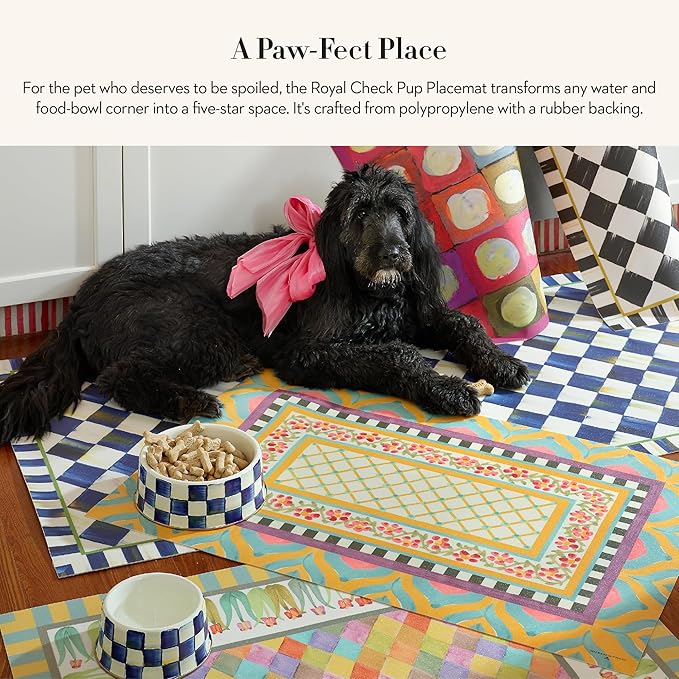 MACKENZIE-CHILDS Pup Placemat, Cute Pet-Food Mat for Dog Bowls and Cat Bowls, Blue-and-White Royal Check