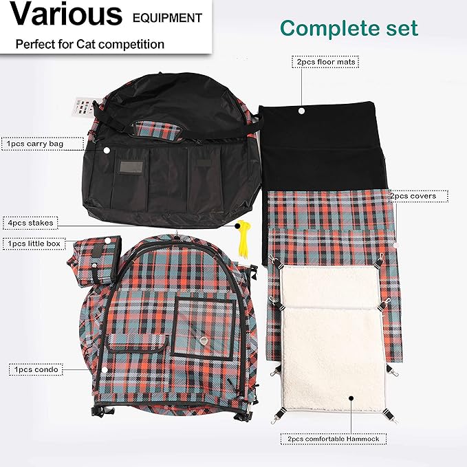 Mispace Portable Twin Compartment Show House Cat Cage/Condo - Easy to Fold & Carry Kennel - Comfy Puppy Home & Dog Travel Crate with Carry Bag/Two Hammocks/Mats and Collapsible Litter Box