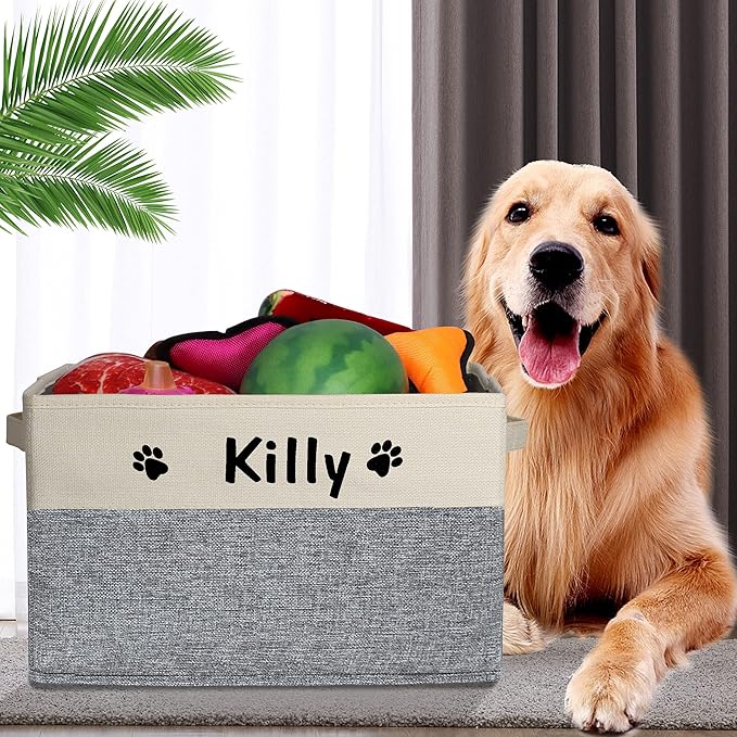 PET ARTIST Personalized Dog Toy Bin for Dog Toys Accessories - Foldable Dog Toy Basket Storage Box for Pet Toys,Dog Coat, Upgrade Grey, M:15''(38cm)*11''(28cm)*9''(23cm)