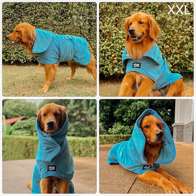 Tuff Pupper Fast Drying Dog Bath Robe | 800 GSM Plush Dog Towel Bathrobe/Dressing Gown | Super Absorbent Pet/Puppy Bathrobe | Adjustable Hood & Belly Strap | Super Soft | Fast Drying (XXL, Blue)