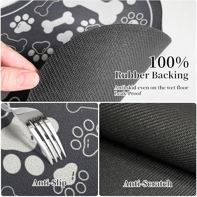 Dog & Cat Food Mat Bone Shaped Pet Feeding Mat Quick Absorb Water Bowl Placemat with Rubber Backing Indoor Floor Stain Resistant Pet Accessory Supplies (Dark Gray, 16x24 Inches)