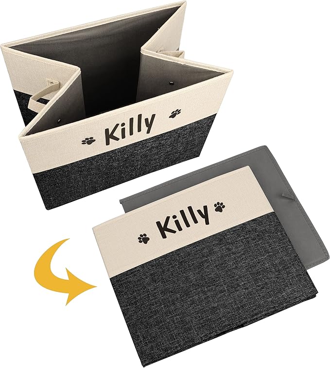 PET ARTIST Large Dog Toy Basket, Custom Toy Bin Box Personalized with Pet's Name, Collapsible Pet Storage Baksets With Handle for Toys,Blankets,Accessories- Black