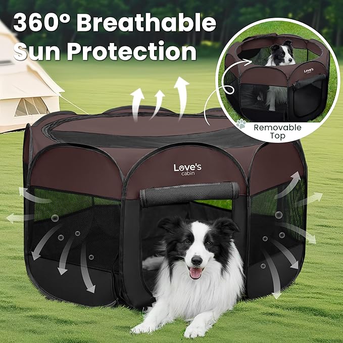 Love's cabin Pet Puppy Dog Playpen, Large Dog Tent Crates Cage Indoor/Outdoor, Portable Playpen for Cat, Foldable Pop Up Dog Kennel Playpen with Carring Case, Removable Zipper Top, Brown
