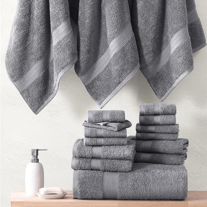 Lane Linen 100% Mercerized Cotton Luxury Bathroom Towels Set - 6 Pieces - Ring Spun Technology - 2 Bath, 2 Washcloths, 2 Hand Towels - Suitable for All Skin Types including Sensitive Skin - Space Grey