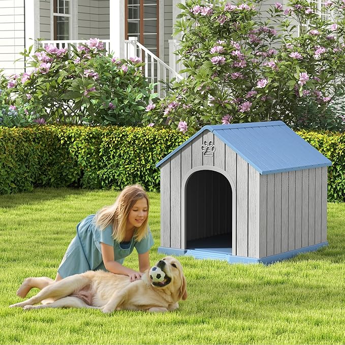Large Dog House Outdoor Indoor for Medium Large Dogs, Durable Plastic Waterproof Doghouse with Air Vents and Elevated Floor, Easy Clean and Assemble (Light Blue, 36.2''L×38''W×38''H)