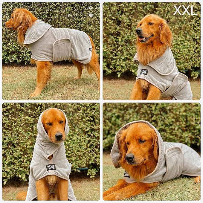 Tuff Pupper Fast Drying Dog Bath Robe | 800 GSM Plush Dog Towel Bathrobe/Dressing Gown | Super Absorbent Pet/Puppy Bathrobe | Adjustable Hood & Belly Strap | Super Soft | Fast Drying (XXL, Gray)